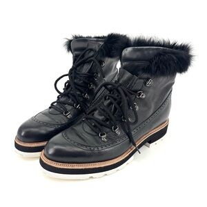 Napoleoni Lapin Leather Rabbit Fur Trim Black Boots Size 39